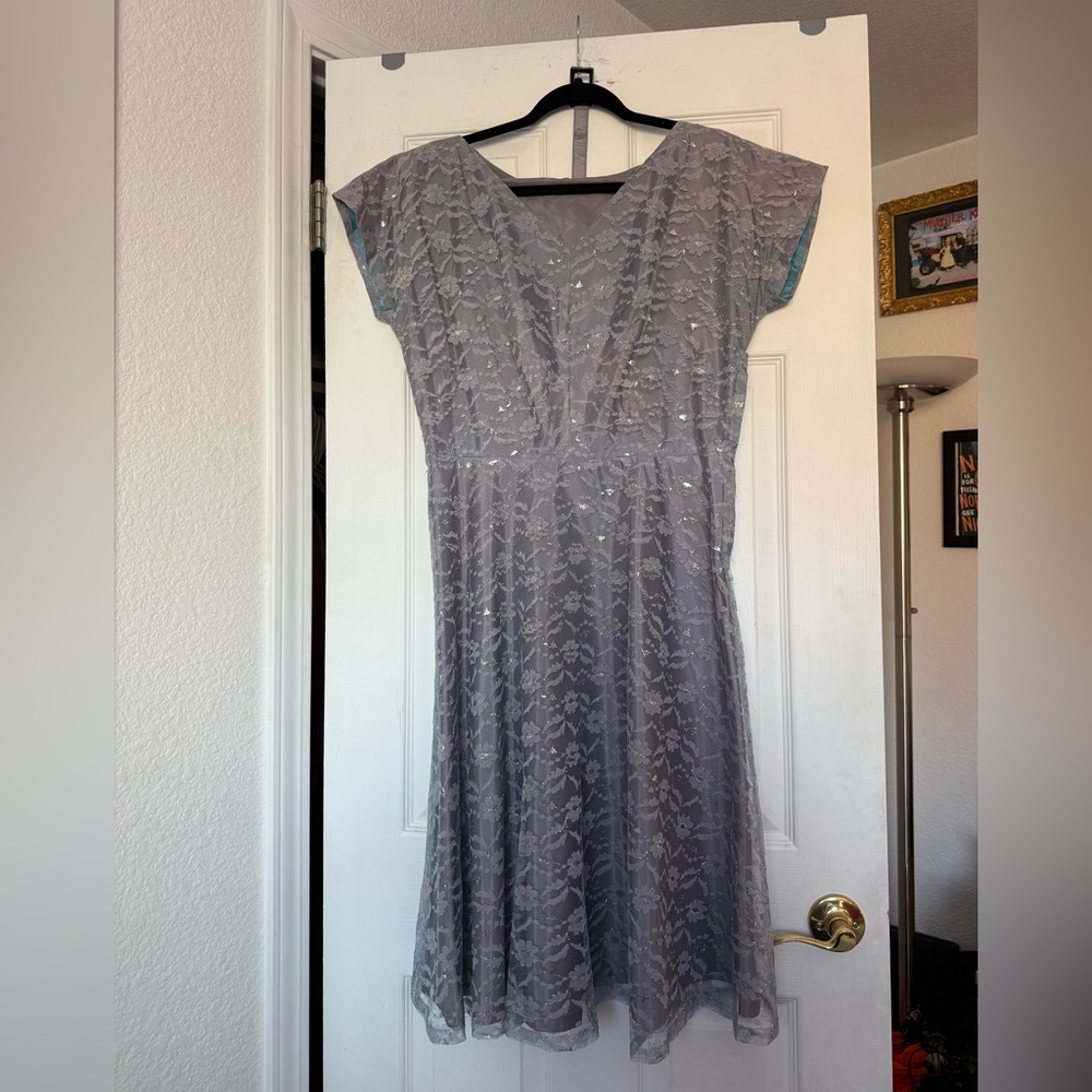 Vintage 1950s blue and silver lace cocktail party dress with matching belt